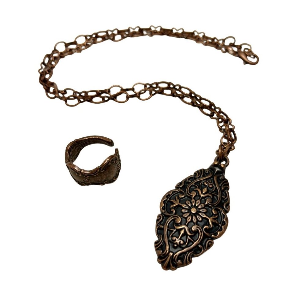 Vintage Style Floral Necklace + Spoon Style Ring Adjustable Antique Copper Tone